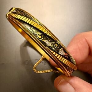 Vintage Damascene Black & Gold Metal Inlay Bangle Bracelet